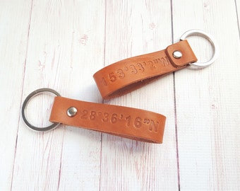 Custom Latitude Longitude Leather Key Fob - Coordinates Keychain - 3rd Leather Anniversary Gift for Men - Long Distance Boyfriend Gift
