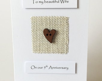 5th Anniversary Card Wood Anniversary Linen Anniversary Wood Heart Husband Wife Him Her