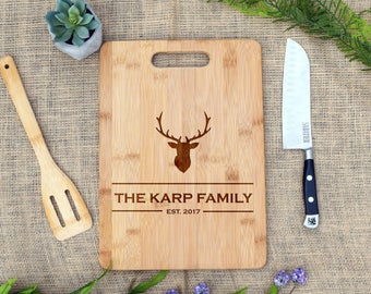 Personalized Cutting Board w/ Last Name & Established Date, Deer Head, Rustic, Antlers, Custom, Cheese Board, Housewarming, Christmas, Gift