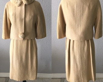 1960's Wool Suit With Faux Fur Collar Jackie Kennedy Mid Century Modern Mad Men Beige Suit