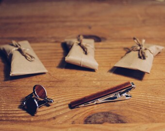 Natural Silver Wooden Cufflinks and Tie Clip/Bar, Tasmanian Blackwood, Jarrah, Orange oil, Handmade Gift, Groom, Wedding