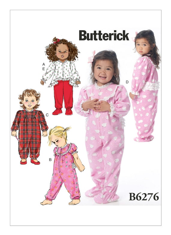 Sewing Pattern for Toddlers'/Children's Top, Jumpsuits and Footed Pants, Butterick Pattern 6276, Toddlers Pajama Top Bottom, Footed PJs