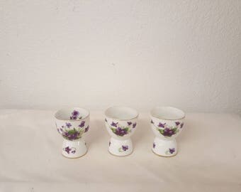 Vintage Lefton Egg Cups, Violet egg cups, flowered egg cups, collector egg cups, vintage egg cups, Violets, purple egg cups, violets