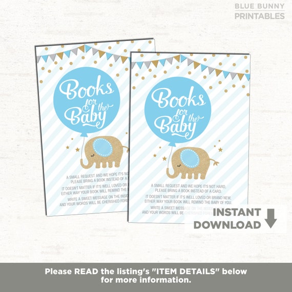 Boy Elephant Baby Shower Books for Baby Invitation Insert. Blue and Gold Elephant Party. Bring a Book Card. Glitter Confetti Balloon. EL-B3 Il_570xn