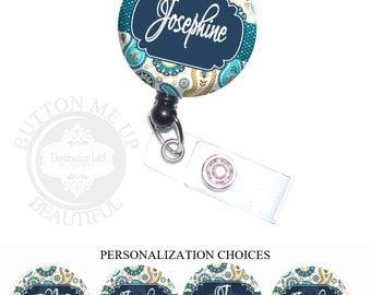 Id Badge Holder - Blue Paisley Floral and Polka Dots Retractable Lanyard Reel Personalized with Name, Monogram, Occupation (A076)
