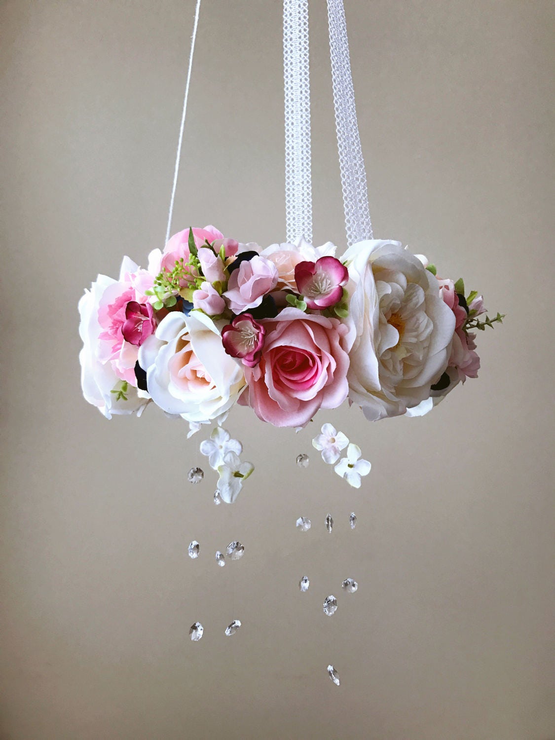 Spring wreath, Baby mobile, Flower mobile with genuine Swarovski crystals / Crib mobile, Nursery decor, Flower chandelier