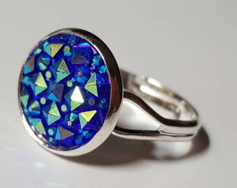 Druzy Ring, Glitter Ring, Blue Ring, Blue Glitter Ring, Drusy Ring, Faux Druzy Ring, Blue Druzy Ring, Adjustable Ring, Statement Ring,