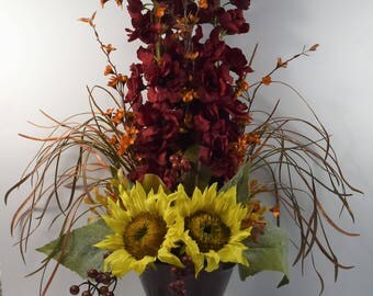 sunflower floral arrangement in burgundy glazed pot faux silk floral arrangement tuscan home decor mantle decor rustic floral decor - Silk Arrangements For Home Decor sunflower floral arrangement in burgundy glazed pot faux silk floral arrangement tuscan home decor mantle decor rustic floral decor - Silk Arrangements For Home Decor