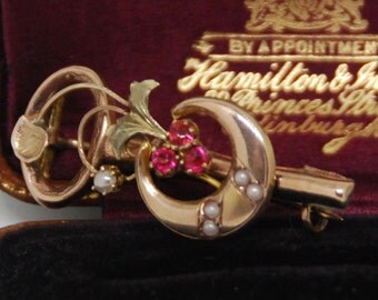 Victorian 10k Rose Gold Key, Crescent Moon, Trefoils Ruby and Seed Pearl Brooch