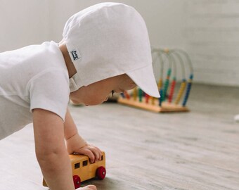 Boy Sun Cap White Linen- Baby bonnet, baby sun hat, modern bonnet, baby hat, baby shower, baby boy bonnet, sunbonnet
