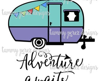 Happy Camper Adventure Awaits Campfire Camping SVG DXF File - Digital File for Craft Cutting