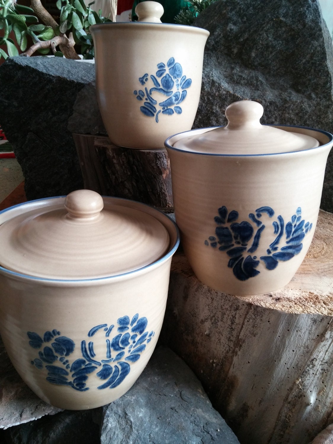Canister Set Vintage Pfaltzgraff Blue Bird Pottery Canister