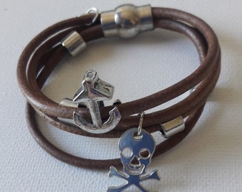 Leather nautical anchor bracelet silver tone anchor and beads and pirate charm magnetic clasp