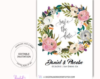 Save the Date Invitation Template Card, Floral Wreath, Editable PDF, boho, roses, engagement, wedding, instant download, DIY rustic wedding