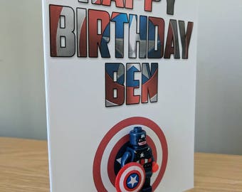 Personalised Captain American Lego Inspired Birthday Card - Includes Figure!!