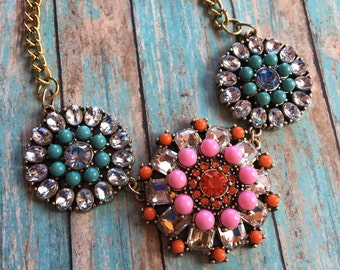 Southwest Boho Statement Necklace, Blue, Red and Pink, Rhinestone Necklace, Southwest Jewelry, Boho Jewelry, Boho Necklace