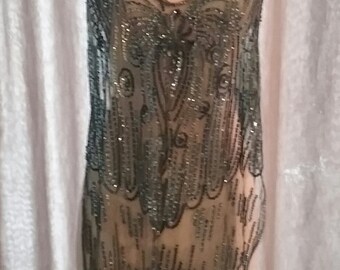1920s Blue Sequined Net Overdress