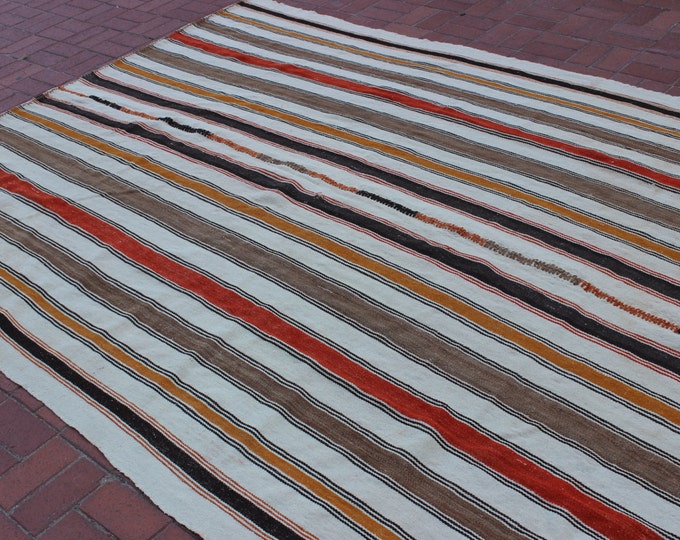 CHRISTMAS SALE %7 Stripe Kilim Rug, 90" x 124.4" / 225 x 311 cm, Boho Kilim Rug, White Kilim Rug, Colorful Kilim Rug