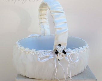 Flower girl basket, Ivory flower girl basket, Satin wedding basket, Flower girl accessories