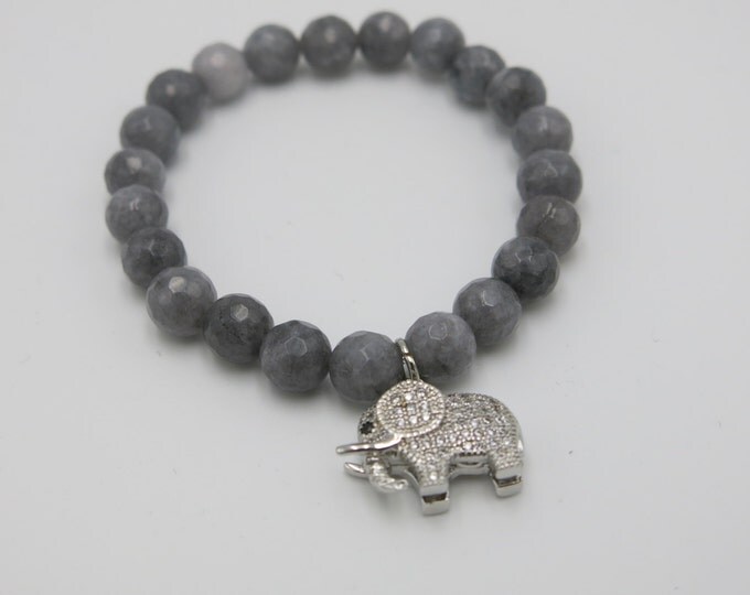 Crystal charm Elephant 8mm Beaded Gray Jade Bracelet Jewelry.