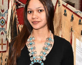 Navajo Turquoise Silver Squash Blossom Necklace