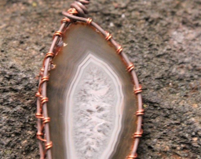 Agate Copper Wire Wrap Pendant, Natural Clear Yellow with Crystal Center, Hippie BoHo Necklace, Gift for Him or Her, Mens or Ladies Jewery