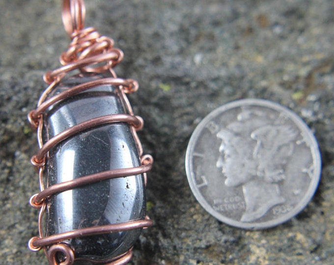 Hematite and Copper Wire Wrap Pendant, Natural Metallic Silver Stone Necklace, Mens or Ladies Jewelry, Simple and Small Gift for Him or Her