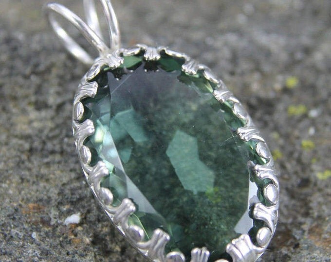 Green Amethyst Pendant, Prasiolite Necklace, Large Faceted Gemstone, 30 mm by 20 mm 48.3 Carat Green Quartz Gem, Sterling Silver Pendant
