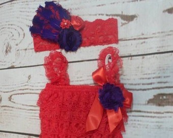 Red and Purple Lace Romper, baby romper, petti lace romper, girl romper, petti rompers, ruffle romper