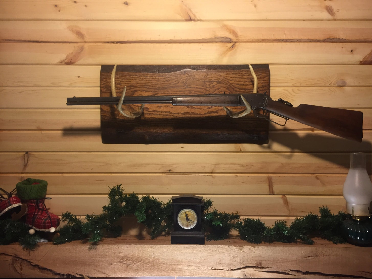 Deer Antler gun rack for vintage rifle BLACK OAK