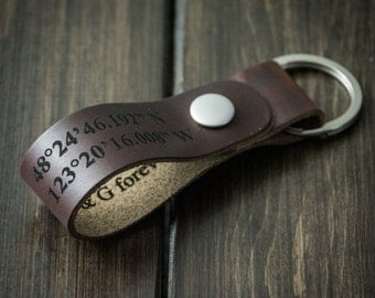 Latitude Longitude Keychain, Personalized Keychain, GPS Coordinates, Leather Key Chain, Custom Coordinates Keychain - Chocolate