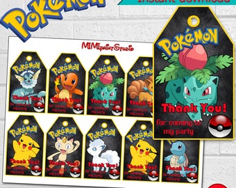 Pokemon Party, Printable Pokemon Thank You Tags,Pokemon Birthday Party Thank You Tags, instant download