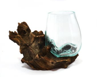 Molten Glass on Drift Teak Wood, Wood + Glass Terrarium, Melted Glass Art Sculpture, Handmade from Recycled Glass and Indonesian Driftwood