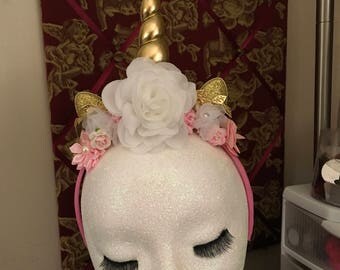 Pink White Gold Floral Unicorn Headband, newborn photo, Shabby Chic, Photo Prop, Birthday, photo booth, newborn headband, costume, fascinato