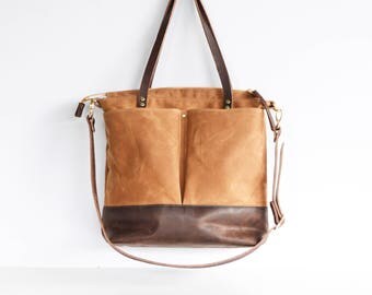 Tan waxed canvas leather work bag / Waxed canvas bag / Leather canvas tote / Converts to backpack - Tan waxed canvas and brown leather
