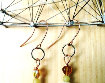 Serpentine, Faux Pearl, and Copper earrings