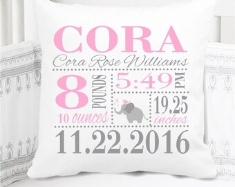 Girls Birth Announcement Pillow - Elephant - Nursery Pillow - New Baby Gift - Personalized