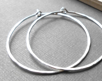Large Silver Hoop Earrings, Hammered Sterling Silver Hoops, 2" Wire Hoop