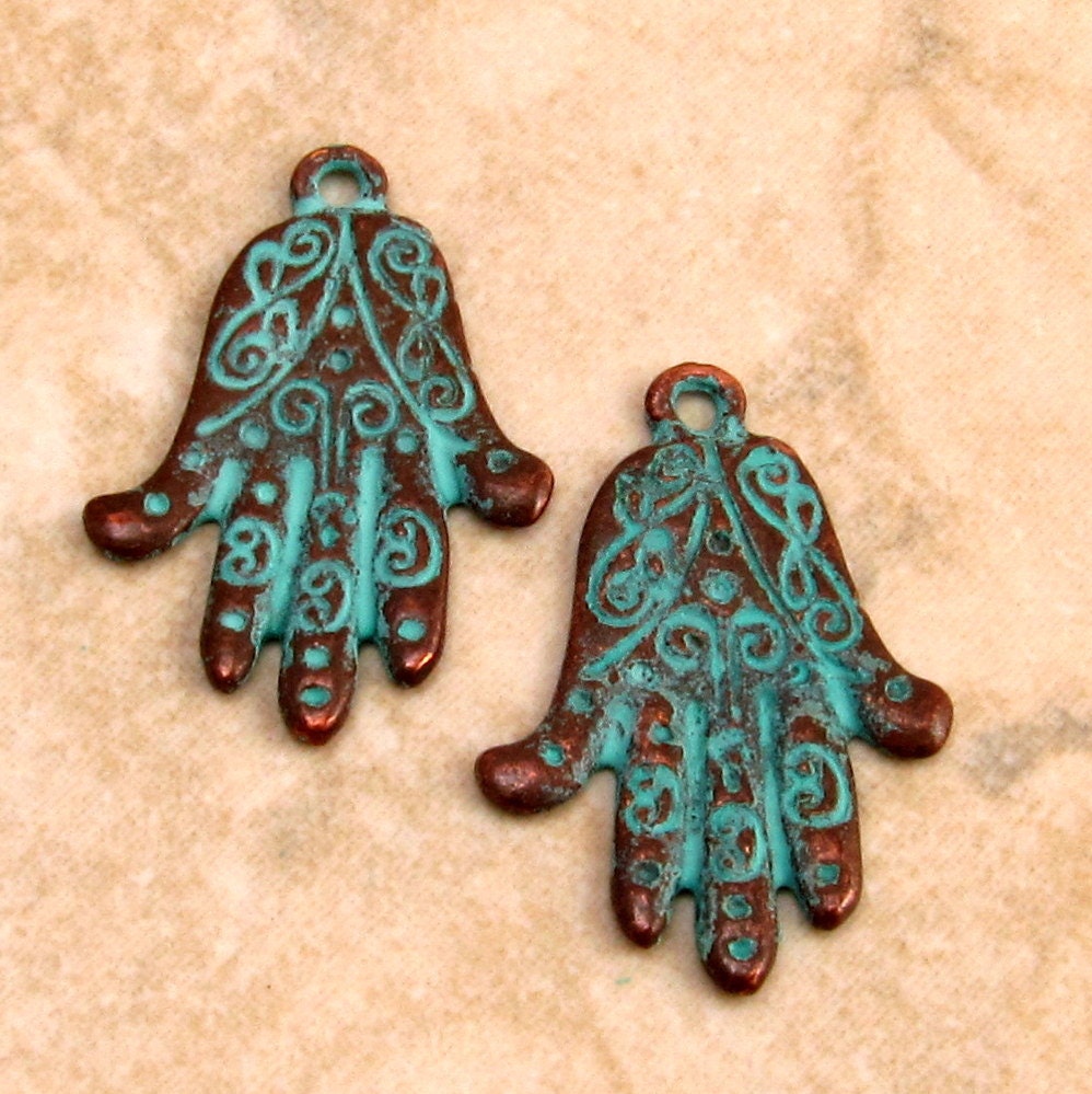 Boho Hand Charm Hamsa Hand Of Fatima Green Patina 2Pc.