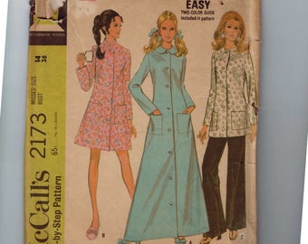 1960s Vintage Sewing Pattern McCalls 2173 Misses Robe and Lounge Jacket Pants Size 14 Bust 36 60s 1969