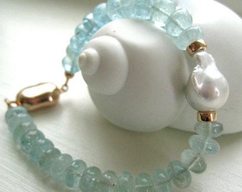 Aquamarine and Baroque Pearl Bracelet-Rose Gold Vermeil and Aquamarine-"Cloud Nine"