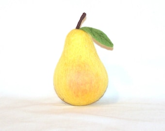 Needle Felted Pear - Life Size Felted Fruit - Bartlett Pear with Leaf - Needlefelt Pear - Home Decor - Play Food - Gift - Soft Sculpture