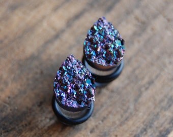 Tear Drop Shaped Purple Pink Faux Druzy Rough Crystal Plugs Gauges for stretched earlobes. Choose Size 2g, 0g (8mm), 00g (10mm), 12mm