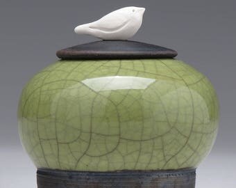 Miniature Jar, tiny jar, olive green , Raku, ceramic, Jar with bird,art pottery, home decor,handmade jar, pottery