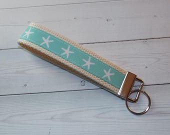 Key FOB / KeyChain / Wristlet - Beachy Starfish aqua on natural webbing friends teacher bridemaids gifts under 10