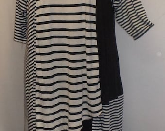 Coco and Juan, Plus Size Tunic, Asymmetrical Tunic Top, Gray, Black, White, Multi Stripe Knit, #3 Size 2 (fits 3X,4X) Bust 60 inches