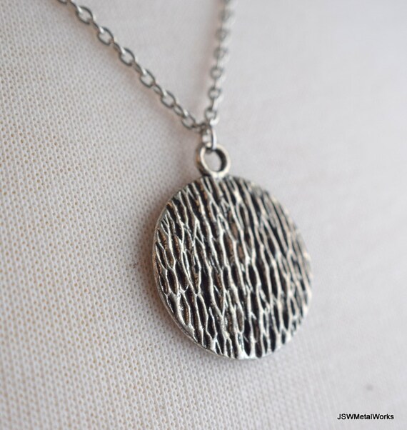 Antiqued Silver Round Textured Necklace Stainless Steel