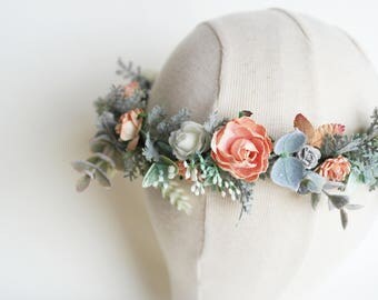 Coral flower crown, gyp flower crown, rustic hairpiece, pastel flower wreath, spring flowers, dusty miller crown, adult flower crown