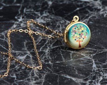 Girl's Jewelry, Personalized Locket, Children's Charm Necklace, Small Jewelry Silver and Blue Locket Charm, Flower Tree Mother's Locket