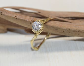 White Sapphire Engagement Ring White Gold, Rose Gold, Yellow Gold or Platinum - Nature Inspired Twig Ring with White Sapphire Solitaire